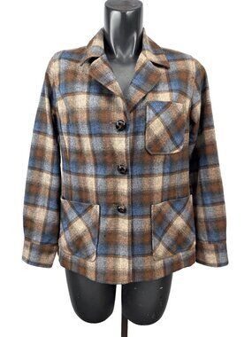 PENDLETON 100% Virgin Wool Plaid Button Front Brown Blue Jacket Size M Petite